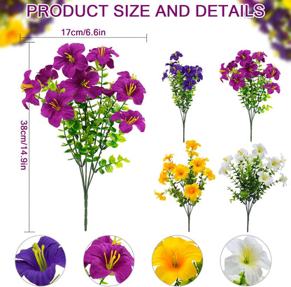 2 Set Artificial Outdoor Flowers with Hanging Baskets, 24 Pcs UV Resistant Faux Petunia Flowers with Hanging Planter for Front Door Porch Spring Outside Decor (2, White, Yellow, Purple, RedViolet)