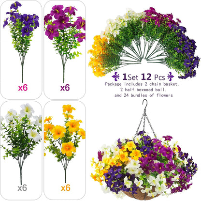 2 Set Artificial Outdoor Flowers with Hanging Baskets, 24 Pcs UV Resistant Faux Petunia Flowers with Hanging Planter for Front Door Porch Spring Outside Decor (2, White, Yellow, Purple, RedViolet)