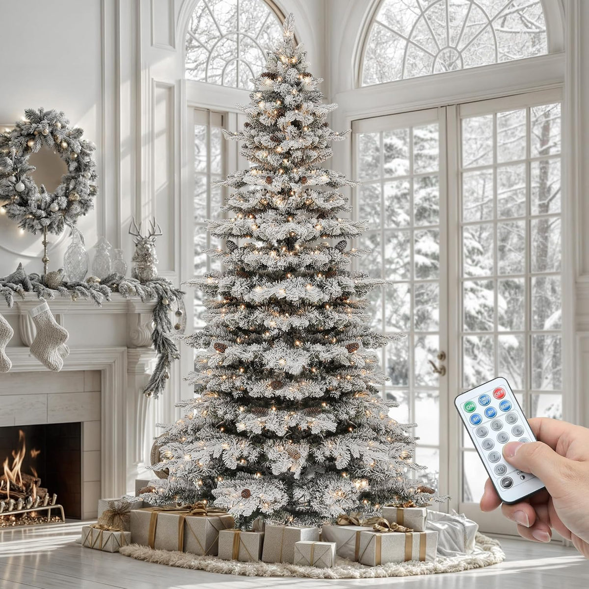 Serene Prelit Flocked Remote Artificial Holiday Decor Kit