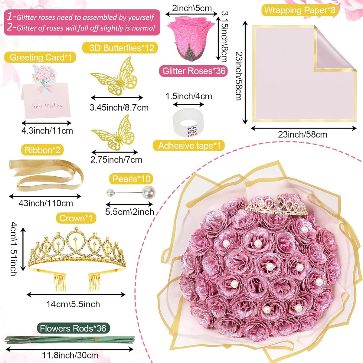 Decorative Diy Glitter Rose Bouquet Home Decor Assortment