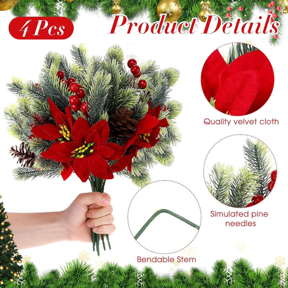 Refined Artificial Poinsettia Bouquet Pine Holiday Decor Display