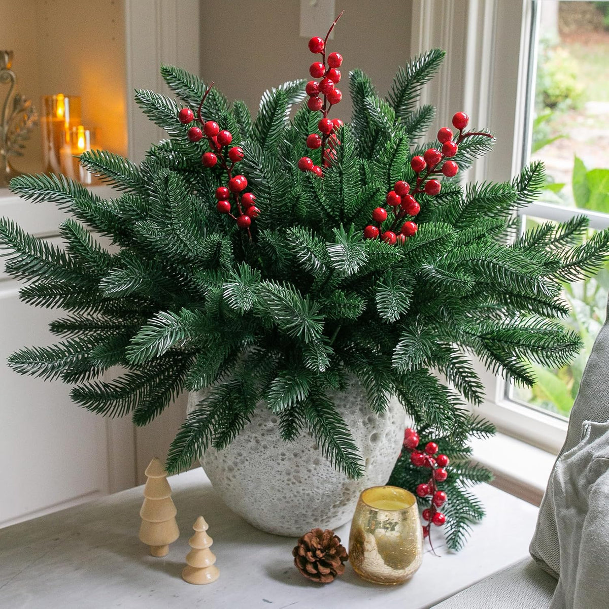 Timeless Artificial Pine Branches Red Holiday Decor Accent