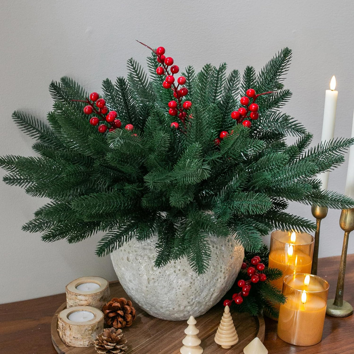 Timeless Artificial Pine Branches Red Holiday Decor Accent
