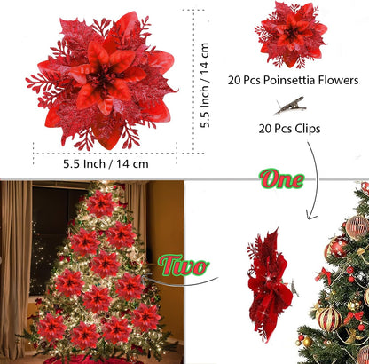 Botanical Red Glitter Poinsettia Christmas Holiday Decor Bundle