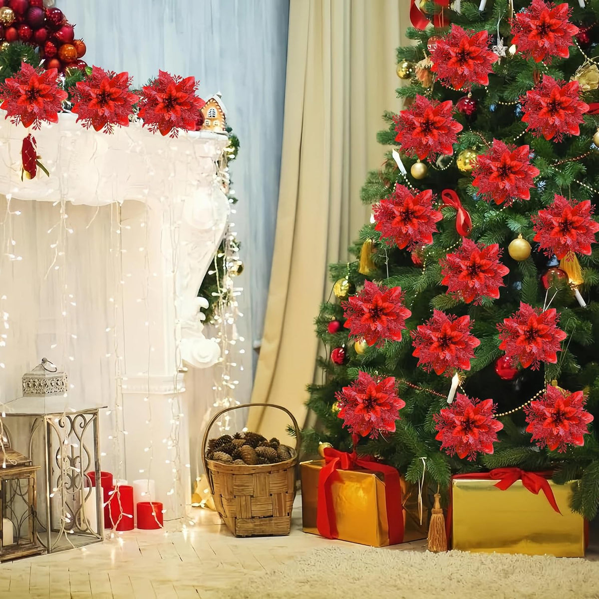 Botanical Red Glitter Poinsettia Christmas Holiday Decor Bundle