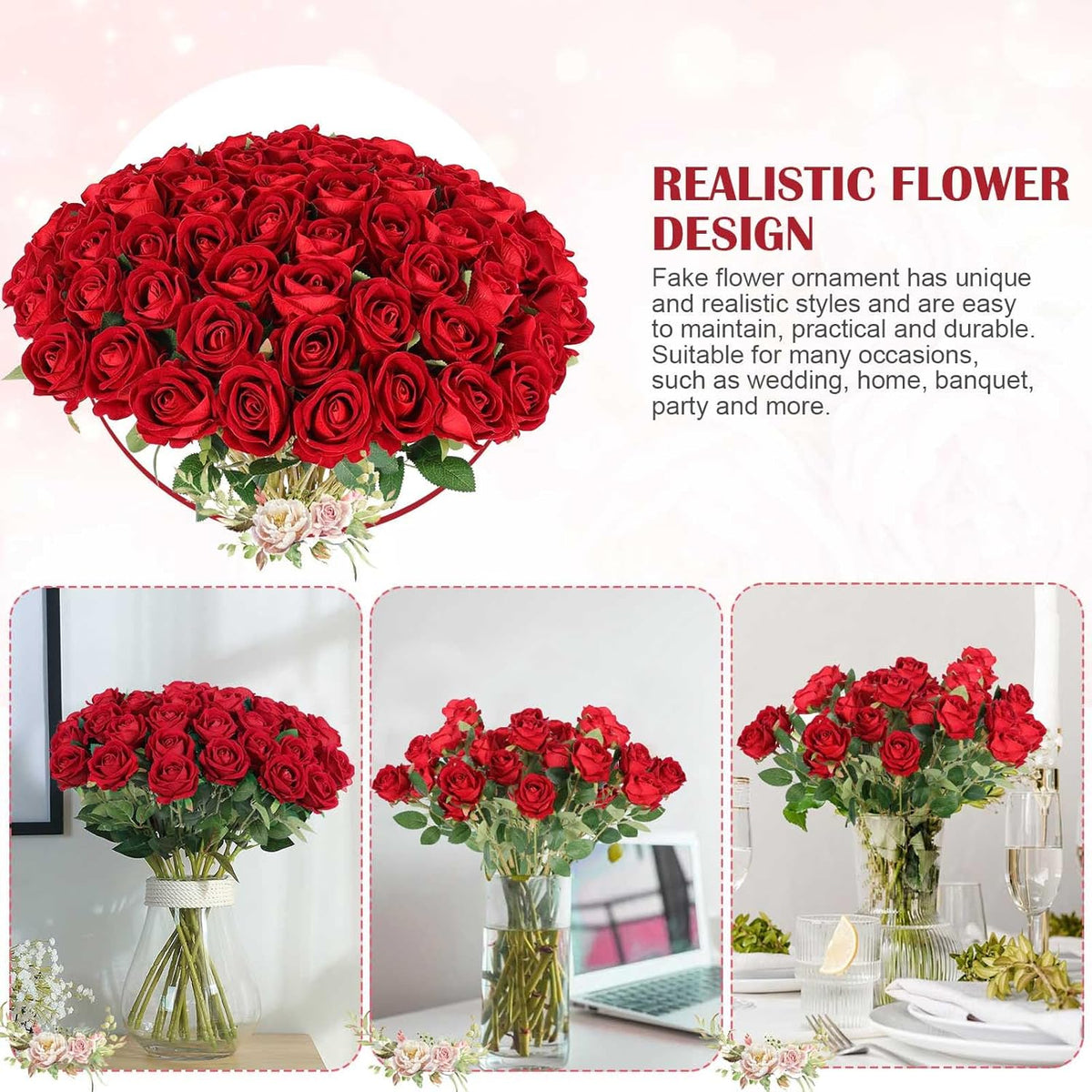 Classic Velvet Silk Artificial Roses Indoor Decor Arrangement