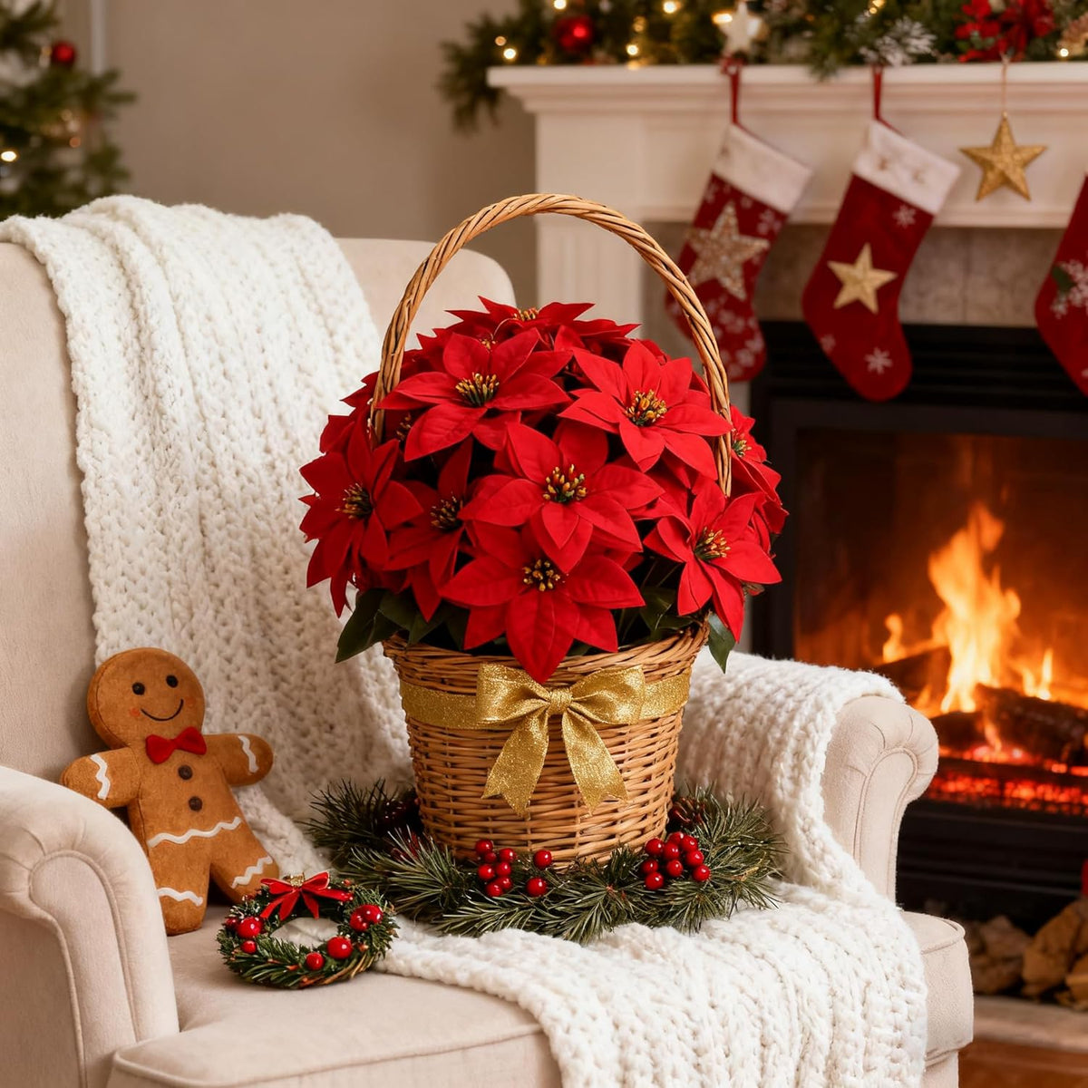 Sophisticated Artificial Poinsettia Topiary Resistant Home Decor Set