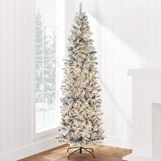 Timeless Prelit Flocked Pencil Warm Holiday Decor Set