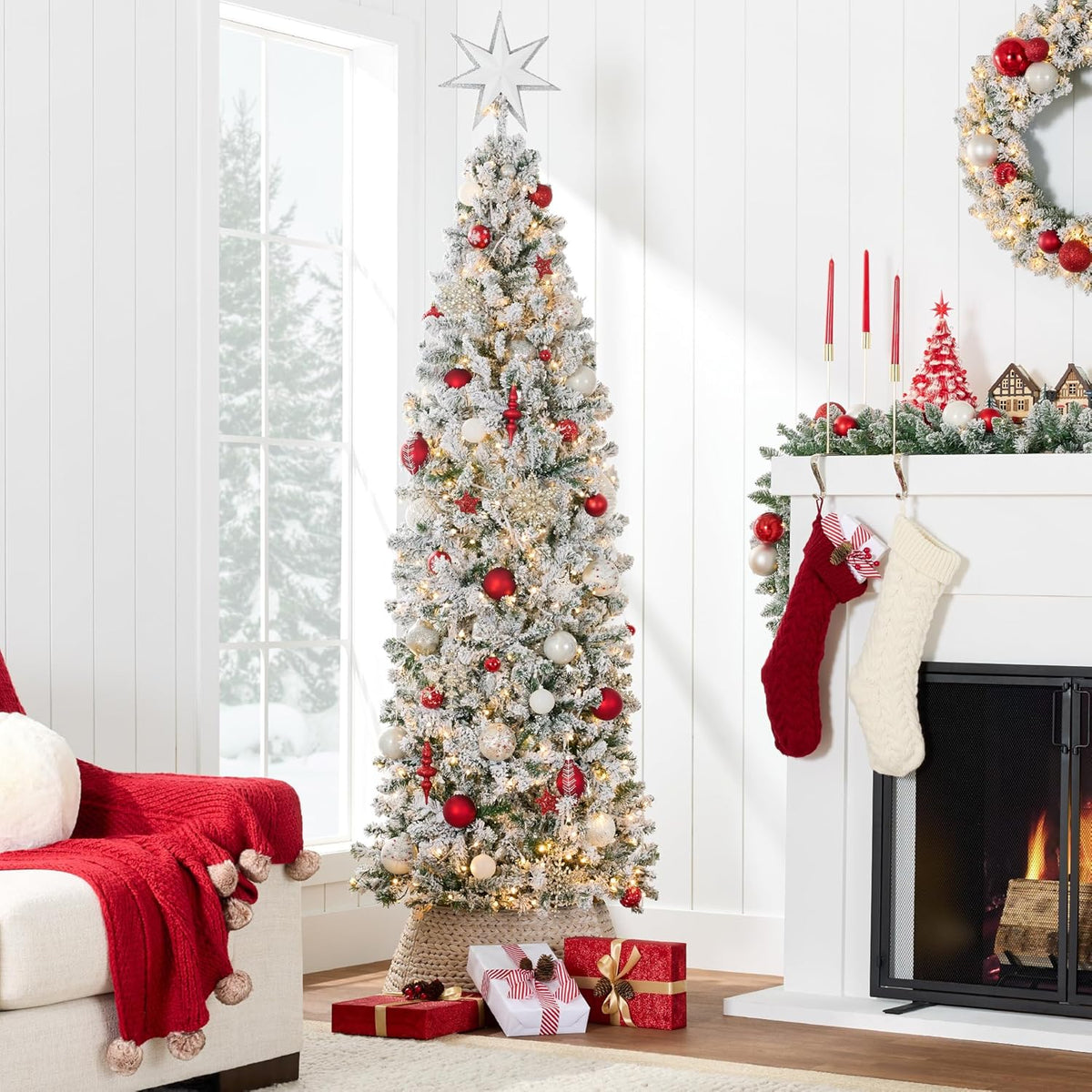 Timeless Prelit Flocked Pencil Warm Holiday Decor Set
