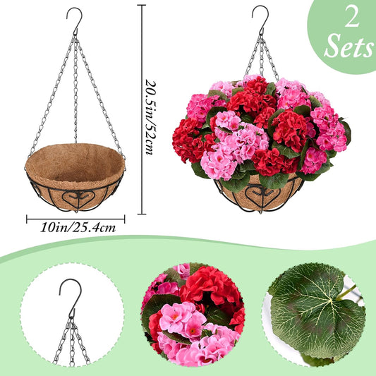 Waipfaru 2 Set Artificial Geraniums for Outdoors with Hanging Baskets, 12 Bundles UV Resistant Artificial Outdoor Plants, Fake Flowers for Spring Front Porch Home Patio Balcony Yard Decor, Mixing