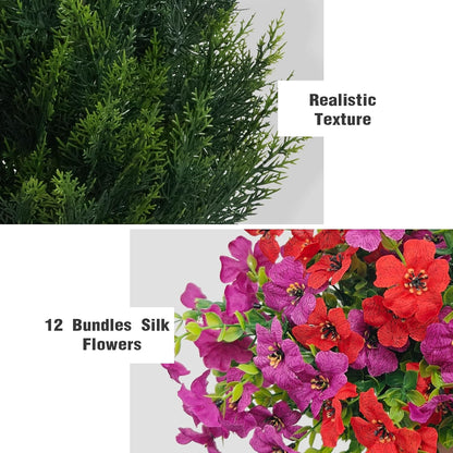Artificial Topiary Cedar Trees 3FT Tall 2 Set with 12 Bundles Faux Silk Flowers, Outdoor Indoor Faux Pine Shrubs Plants, Fake Bushes Plants for Home Front Porch Door Patio