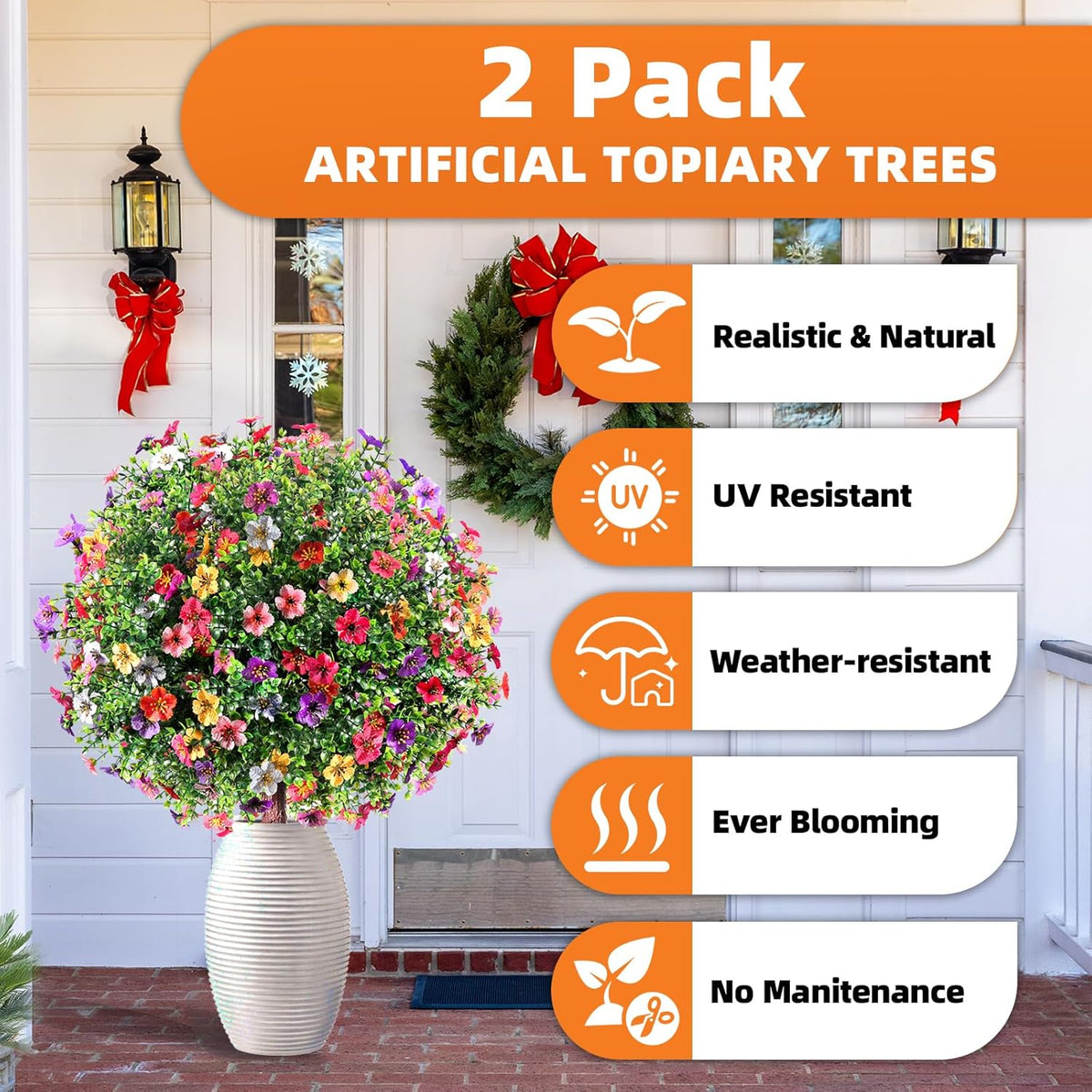 Set of 2 Artificial Boxwood Topiary Ball Trees, 27.5" UV Resistant Faux Evergreen with Ground Spikes
