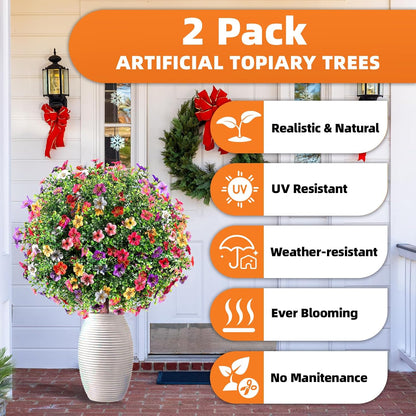 Set of 2 Artificial Boxwood Topiary Ball Trees, 27.5" UV Resistant Faux Evergreen with Ground Spikes
