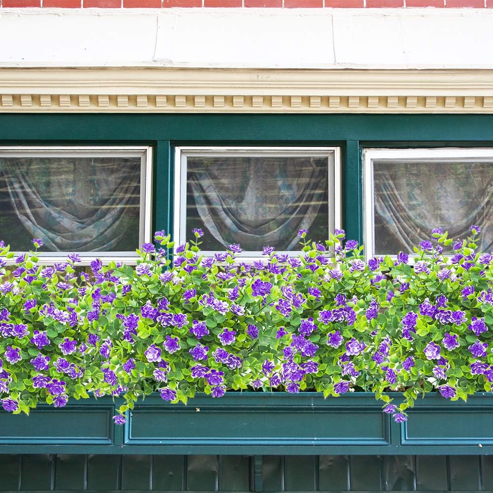 Grunyia 10 Bundles Artificial Fake Flowers, Faux Outdoor Plastic Plants UV Resistant Shrubs Outside Indoor Decorations (Blue-Eucalyptus)