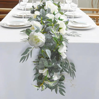 Flower Garland Rose Vine 4Pcs 28FT Artificial Floral Garland with Green Leaves Hanging Rose Vine for Wedding Party Garden Home Wall Decor (White)