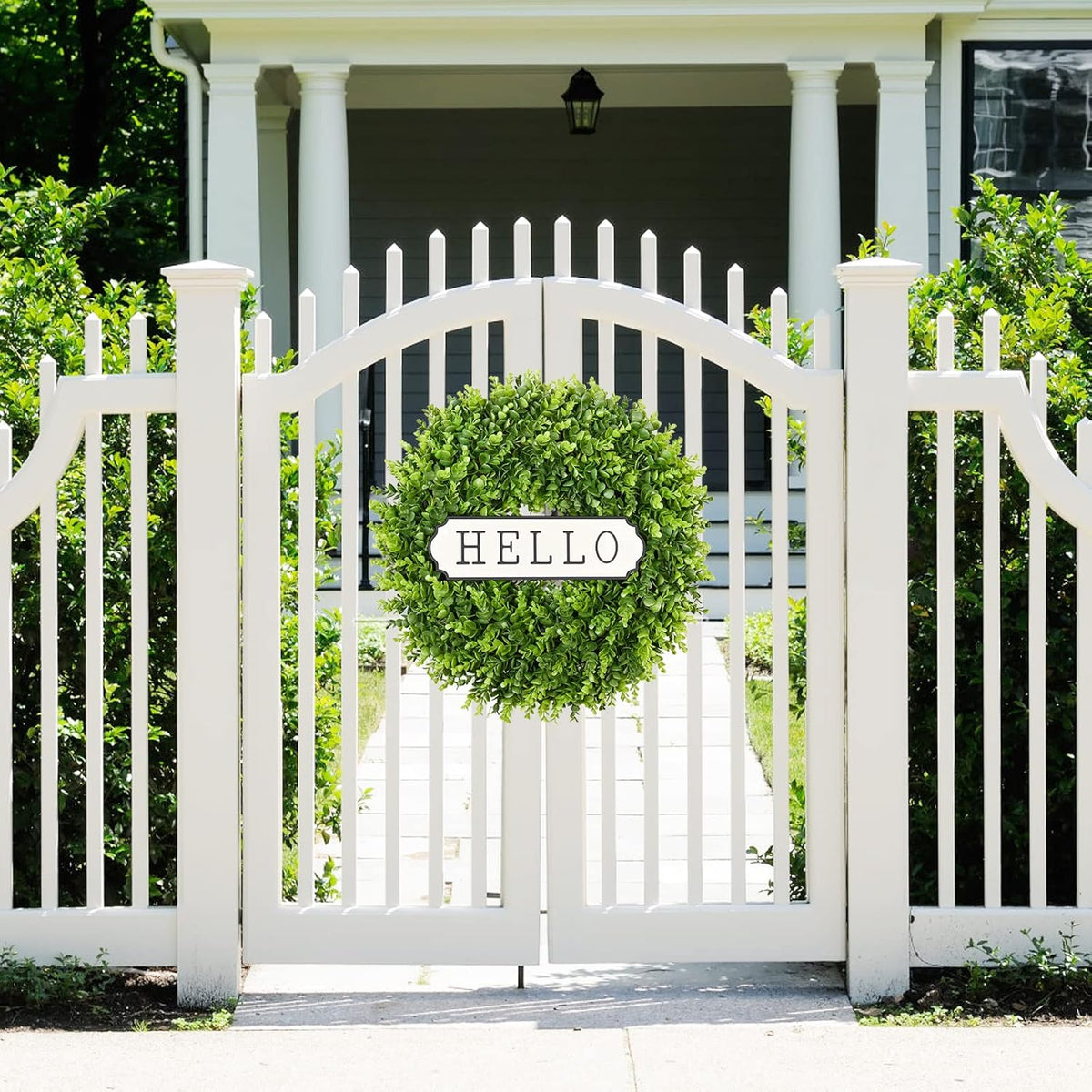 DDHS 20" Boxwood Wreaths Front Door Artificial Spring Wreath. Wreaths for Front Door Farmhouse Wedding Green Year Round Indoor Outdoor for Summer Wreath St Patricks Day Decorations -(Hello Sign)
