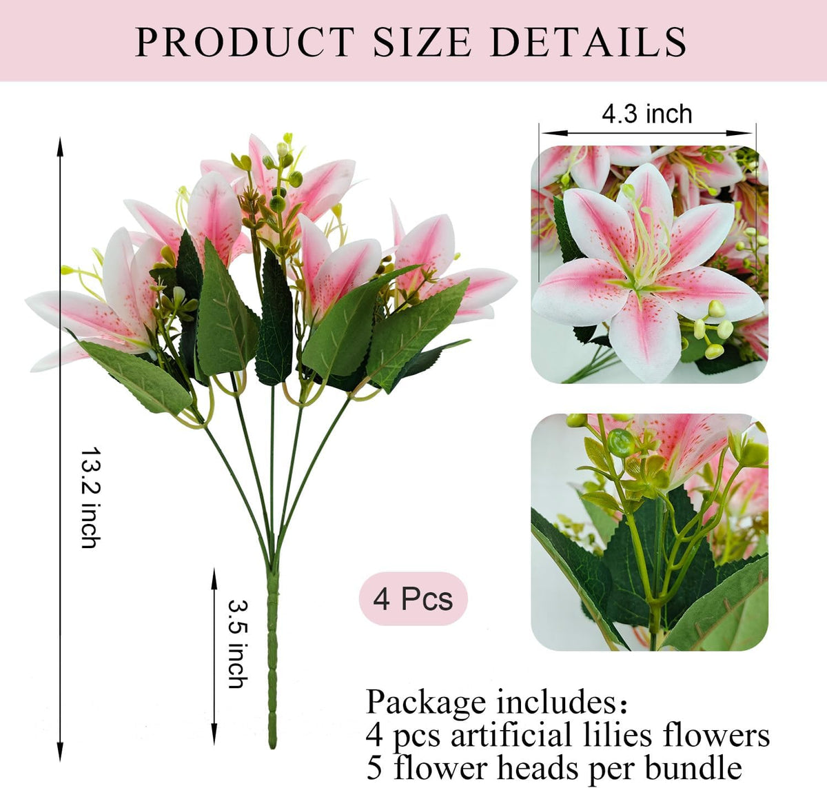 4 Bundles Artificial Tiger Lily Silk Flowers Faux Fake Lilies Plants for Wedding Bouquet Home Party Indoor Table Hotel Office Vases Floral Arrangements Outdoor Garden Decor (Pink)
