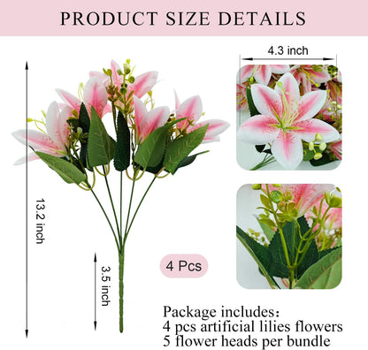 4 Bundles Artificial Tiger Lily Silk Flowers Faux Fake Lilies Plants for Wedding Bouquet Home Party Indoor Table Hotel Office Vases Floral Arrangements Outdoor Garden Decor (Pink)