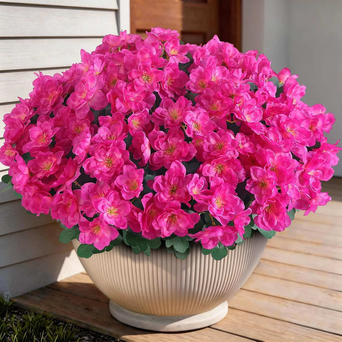 8 Bundles Artificial Flowers for Front Door, Fake Silk Azalea Bouquet Silk Flowers for Outside UV Resistant Realistic Faux Plants for Planter Farmhouse Patio Garden Walkways Home Decor (Rose Red)