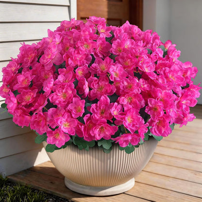 8 Bundles Artificial Flowers for Front Door, Fake Silk Azalea Bouquet Silk Flowers for Outside UV Resistant Realistic Faux Plants for Planter Farmhouse Patio Garden Walkways Home Decor (Rose Red)