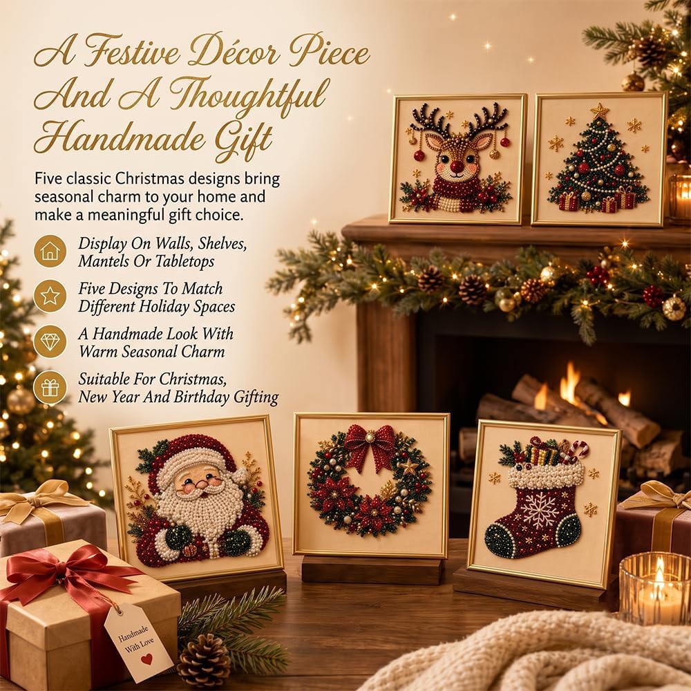 DIY Christmas Pearl Diamond Painting Art Kit with Frame, Festive Handmade Home Wall Decor