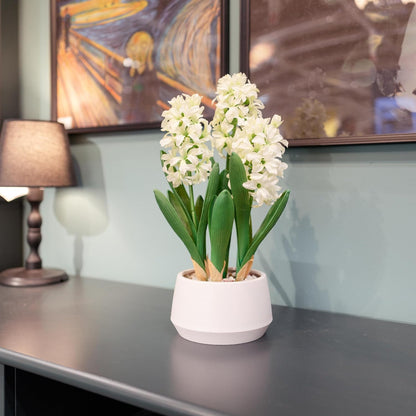 365 Blooming Decor 16 inch Tall White Potted Faux Hyacinth Flower Plant with River Stone-Luxury Artificial Garden Hyacinth for Home, Office Decoration, Housewarming