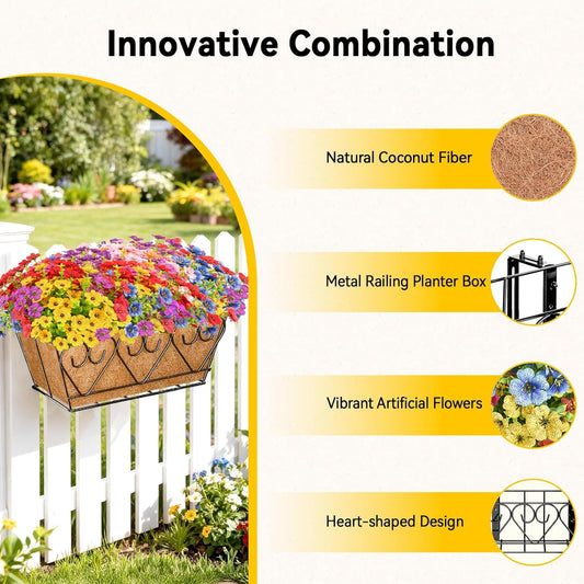 ZeeDix Railing Planter Boxes with Artificial Flowers, 2 Pack 16 Inch Window Box Planter with 24 Pack Fake Flowers for Deck Porch Patio Balcony Garden Home Decor