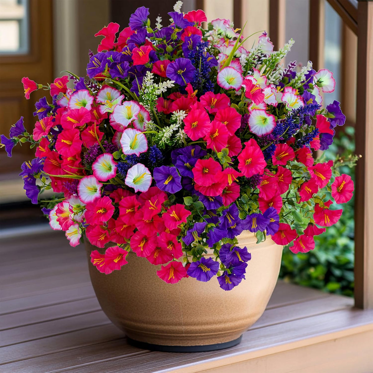 Artificial Flowers Outdoor Morning Glory - 16 Bundles Fake Plants UV Resistant No Fade Faux Plastic Greenery Home Garden Porch Decoration Indoor (1, Multi16-3)