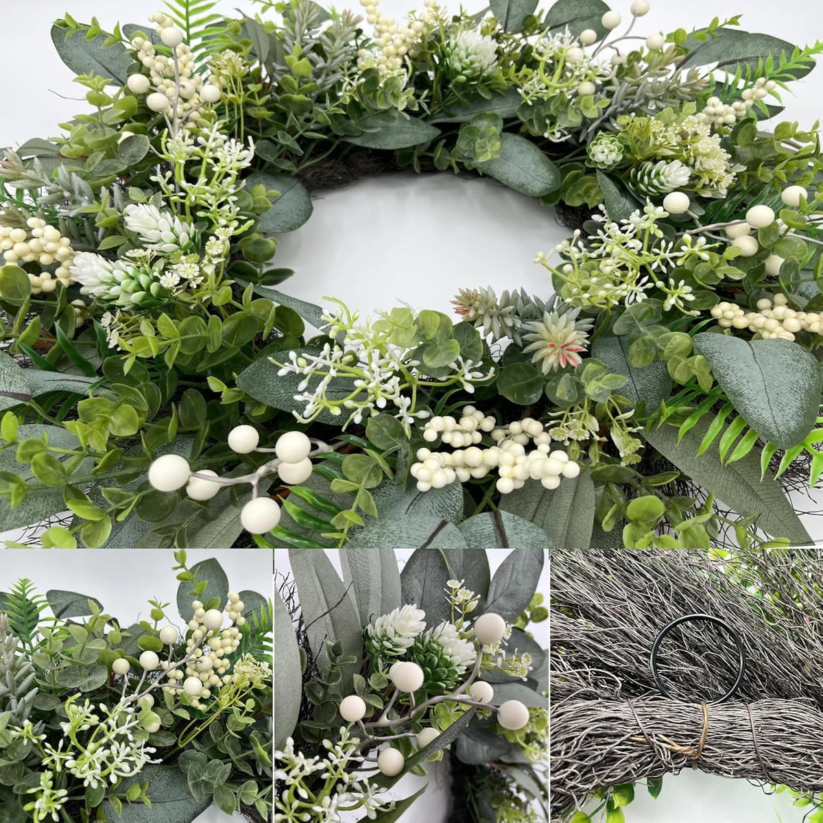 24 Inch Greenery Wreaths for Front Door – Artificial Eucalyptus Wreath with White Berries and Mixed Green Leaves, Year-Round Farmhouse Indoor Outdoor Door Wreath for Spring Summer Home Decor