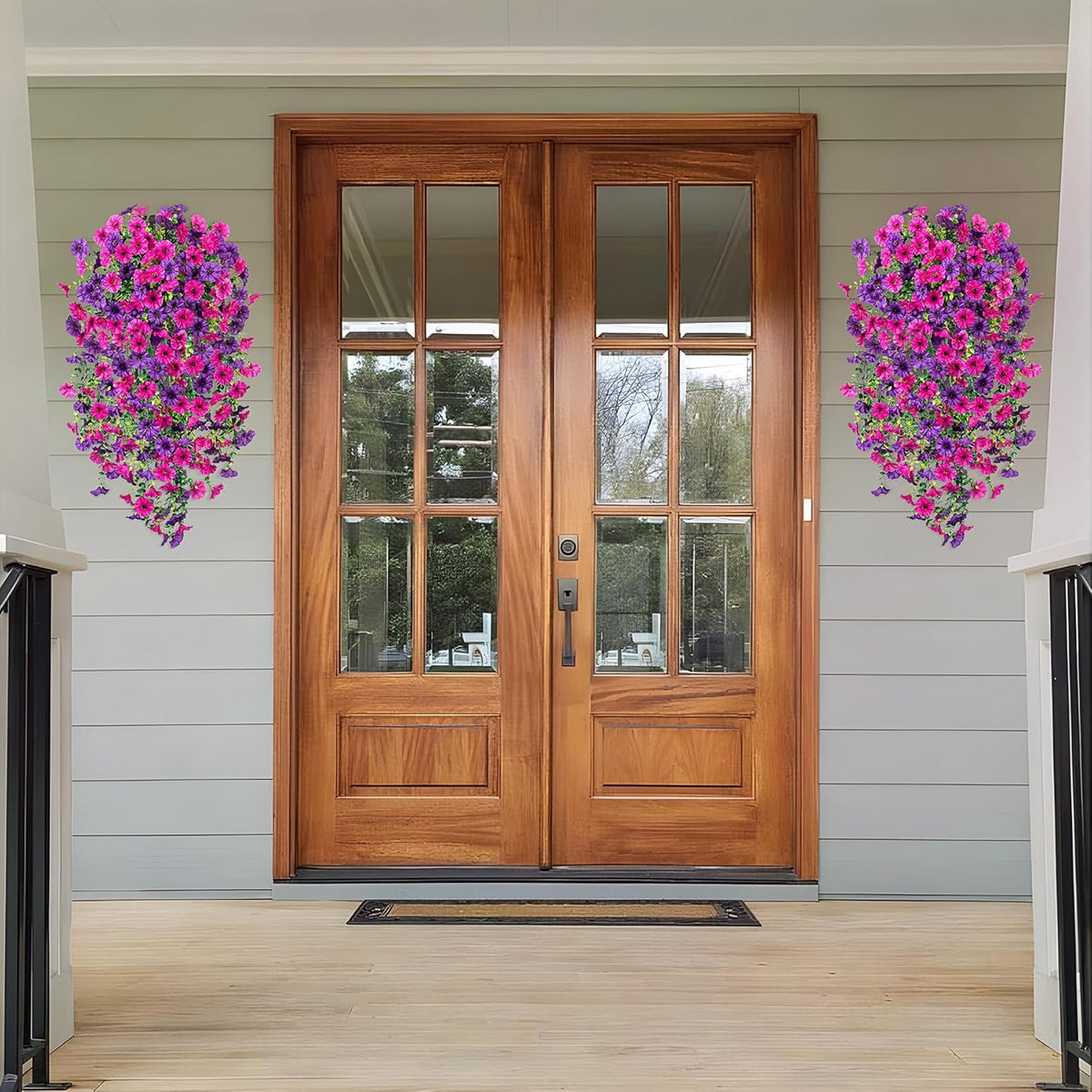 Artificial Hanging Petunia Flowers for Outdoor, 4 Pcs Fake Plants Long Vine Morning Glory Eucalyptus, UV Resistant Realistic Faux Greenery Indoor and Outdoor Patio Porch Garden Spring Summer Decor, Purple