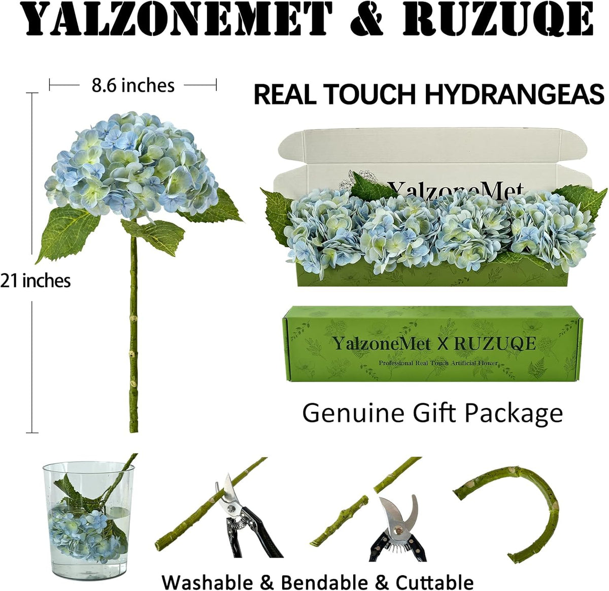 YalzoneMet 5 Pcs Light Blue-Green Real Touch Hydrangea Artificial Flowers 21" Faux Latex Hydrangea Flowers for Wedding Table Centerpieces Fake Flowers for Party Home Kitchen Living Room Decor