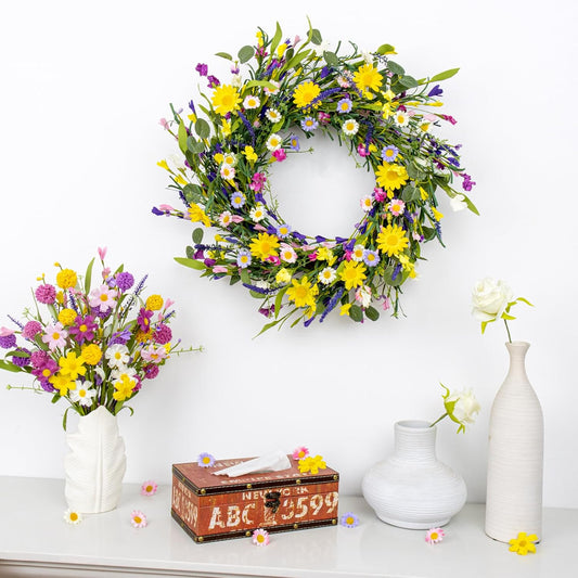 Spring Decorations for Home 22" Spring Wreath Artificial Summer Wreaths with Eucalyptus Leaf Lavender and Daisy for Easter Indoor Outdoor Home Festival Celebrations
