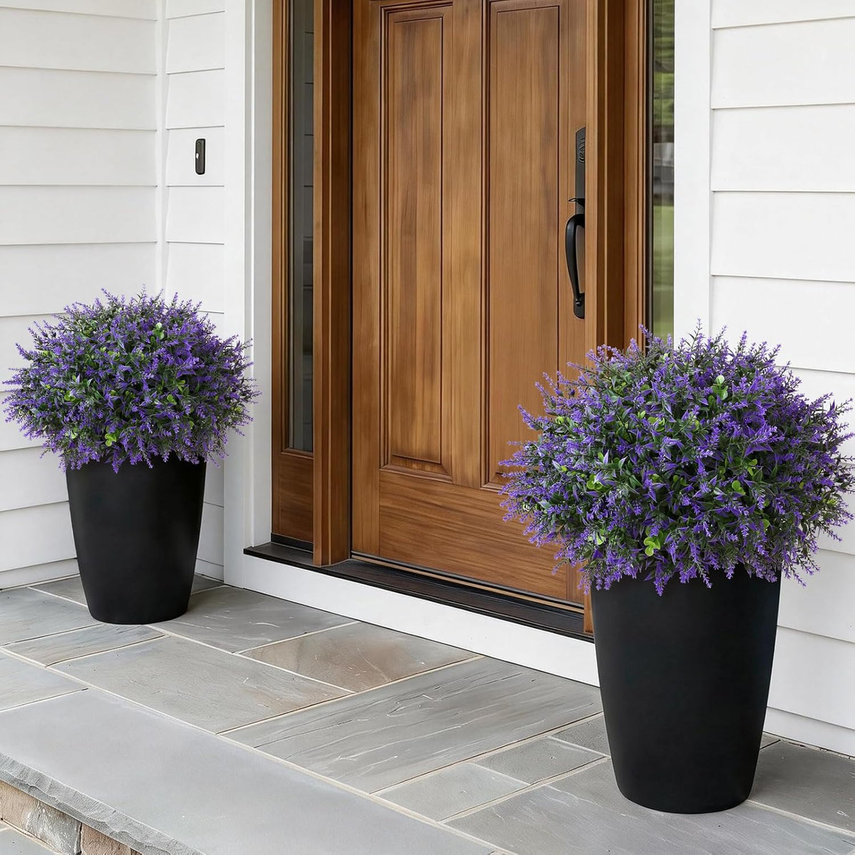 Set of 2 Artificial Eucalyptus Leaf & Lavender Topiary Trees for Front Door - UV Protection Faux Topiary Trees Fake Greenery Plant with Black Flowerpot for Farmhouse, Home, Outdoor Decor