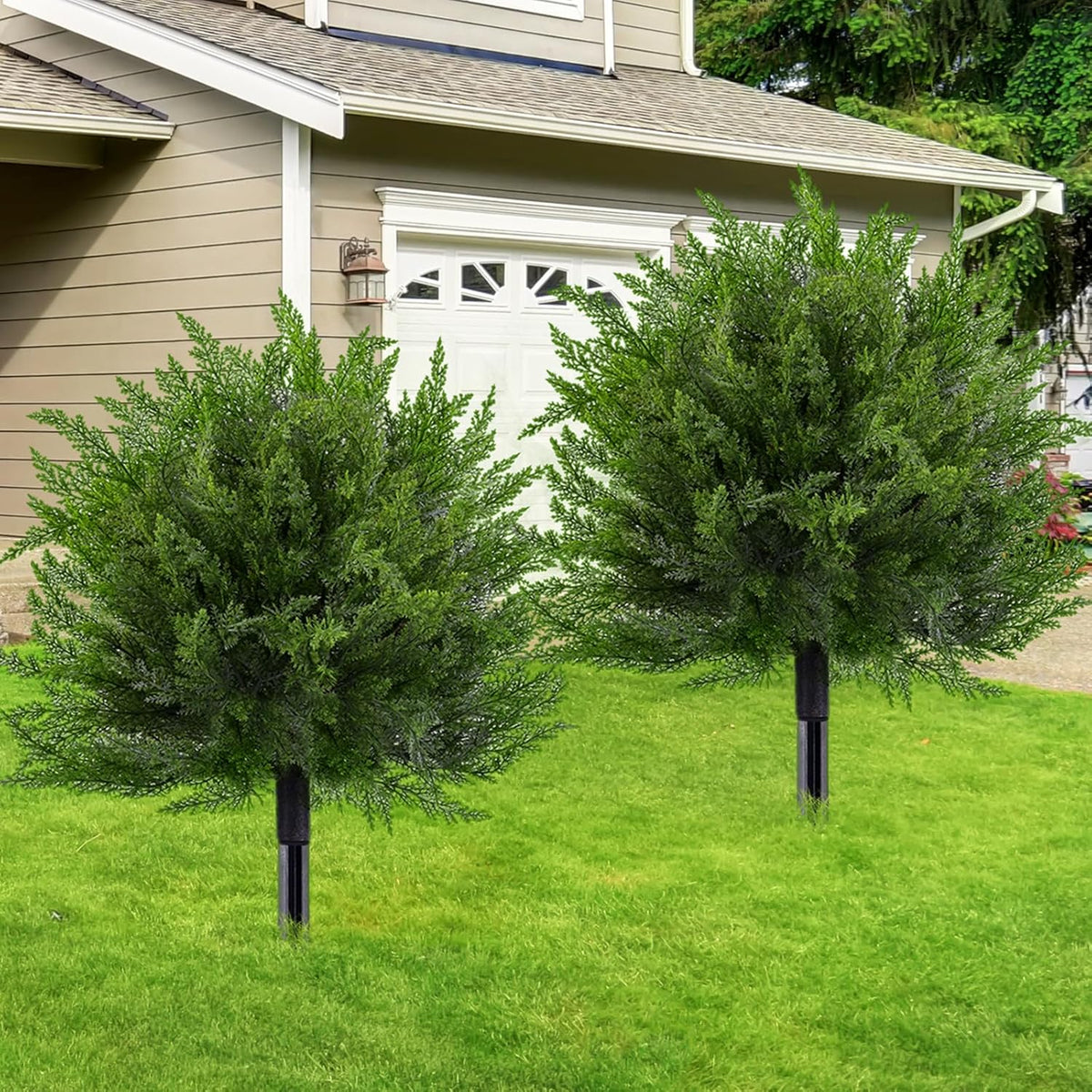 Artificial Topiary Bushes for Outdoors with Spike, Boxwood Ball Fake Shrubs UV Resistant Faux Plants for Indoor Outdoor Fall Thanksgiving Halloween Decor (Cedar Topiary Ball Trees)