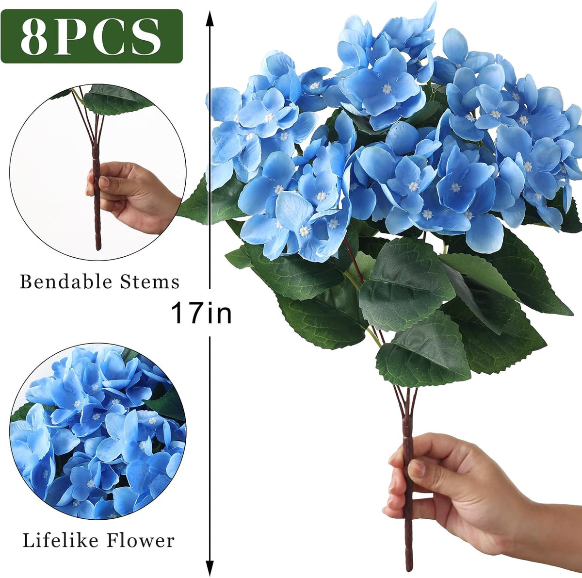 Artificial Hydrangea Flowers for Outdoor Decor, Realistic Faux Silk Bouquets Sun-Resistant Fake Plants for Front Door Balcony Farmhouse Garden Home Spring Summer Decor (Blue)