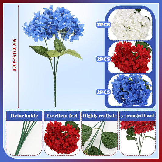 Blue Red and White 6 Bundles Hydrangea Artificial Flowers Bulk 30 Heads 20" Faux Fake Hydrangea for Spring Easter Decor Porch Indoor Outdoor Home Garden Wedding Table Centerpieces