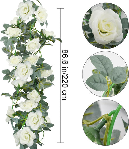 Flower Garland Rose Vine 4Pcs 28FT Artificial Floral Garland with Green Leaves Hanging Rose Vine for Wedding Party Garden Home Wall Decor (White)