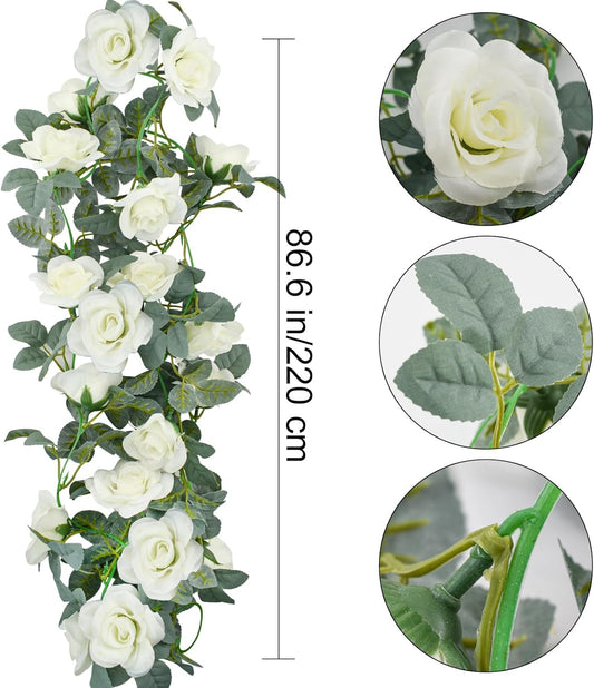Flower Garland Rose Vine 4Pcs 28FT Artificial Floral Garland with Green Leaves Hanging Rose Vine for Wedding Party Garden Home Wall Decor (White)
