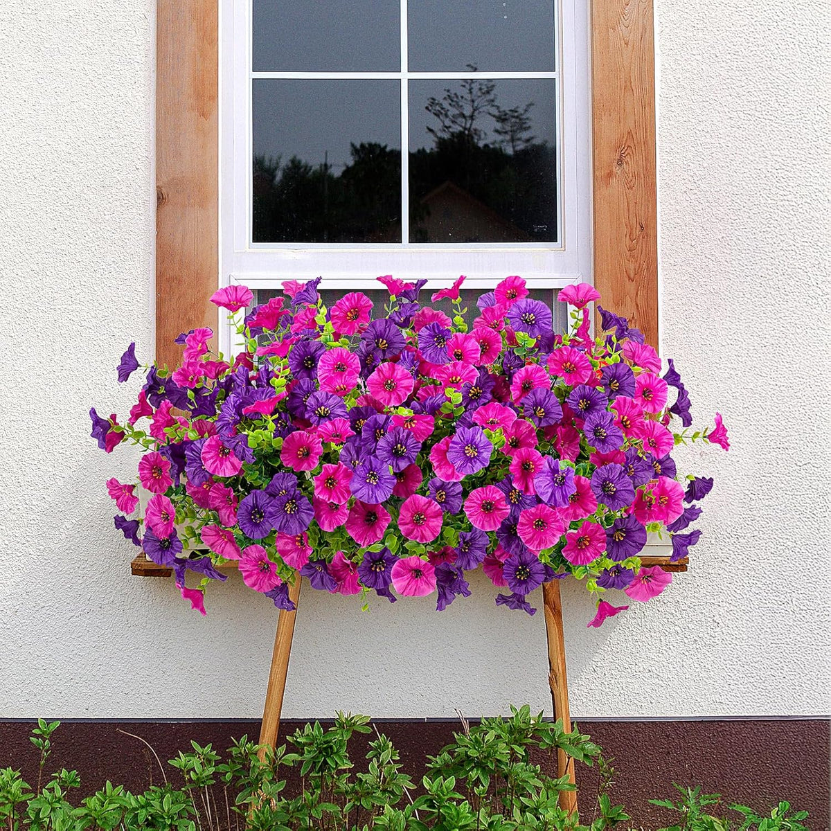 Artificial Flowers for Outdoors, 12 Bundles Fake Plastic Flower Plant, UV Resistant Faux Colorful Silk Morning Glory Petunias for Spring Summer Outside Garden Porch Front Door Decor, Purple