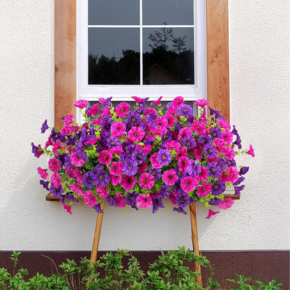Artificial Flowers for Outdoors, 12 Bundles Fake Plastic Flower Plant, UV Resistant Faux Colorful Silk Morning Glory Petunias for Spring Summer Outside Garden Porch Front Door Decor, Purple