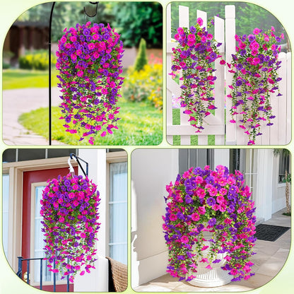 Dolicer 4 Packs Look Real Artificial Flowers for Outdoors, Fake Artificial Hanging Flowers for Outdoors Realistic UV Resistant Hanging Flowers Silk Petunia Faux Flowers for Porch Patio(Purple+Fuchsia)
