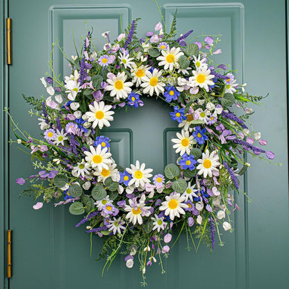 24 Inches Spring Wreaths for Front Door Blue Spring Door Wreath Summer Floral Wreath with Wildflower White Sunflower for Porch Indoors Outdoor Window Home Decorations