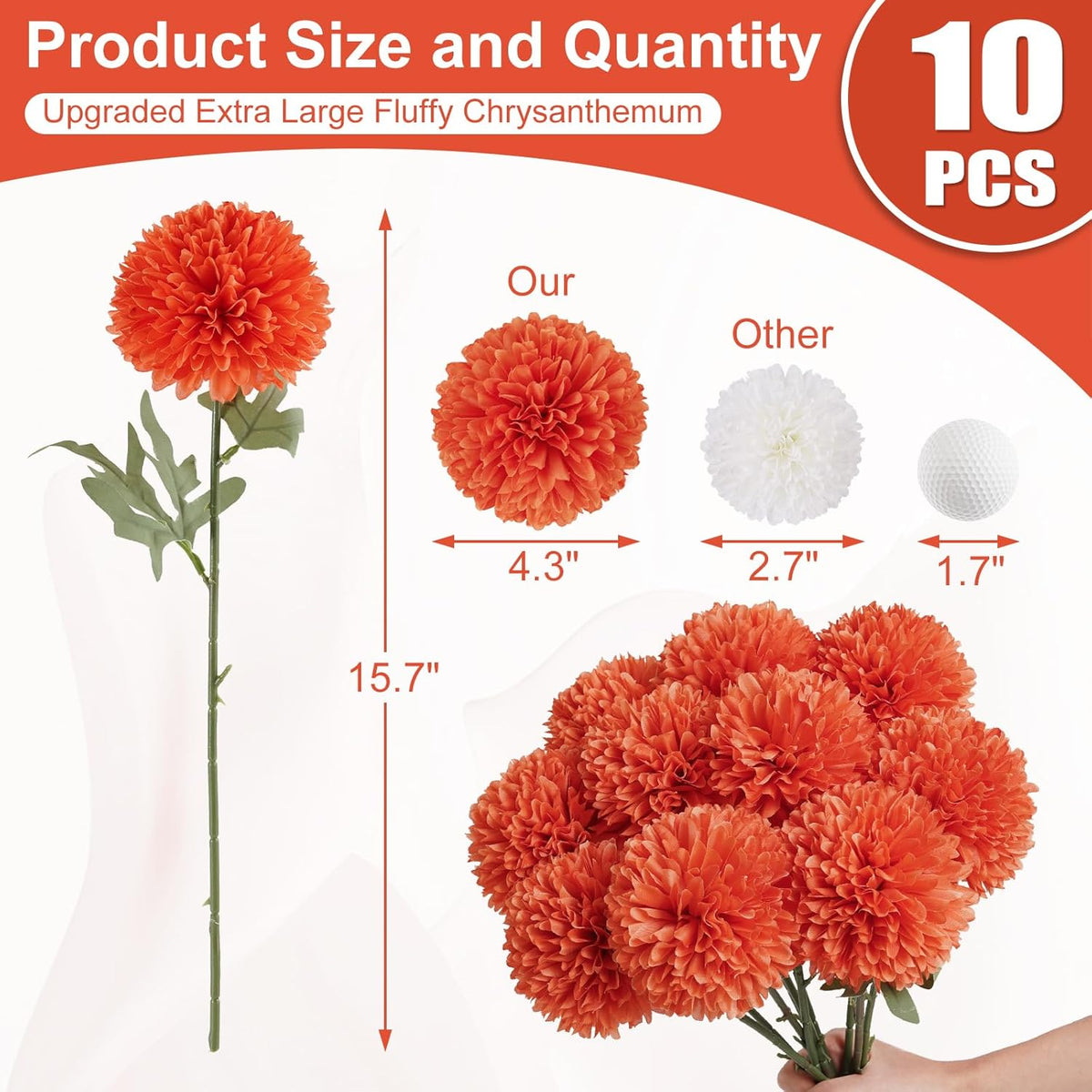 BonBloom's Artificial Chrysanthemums Flowers, 10 Pcs Realistic Large Faux Mums Chrysanthemums Ball Silk with Stems for Autumn Easter Home Floral Arrangement Table Centerpiece (Orange)