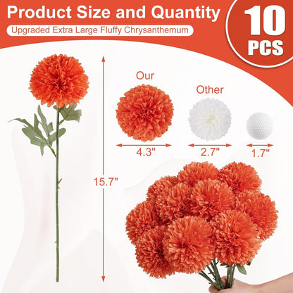 BonBloom's Artificial Chrysanthemums Flowers, 10 Pcs Realistic Large Faux Mums Chrysanthemums Ball Silk with Stems for Autumn Easter Home Floral Arrangement Table Centerpiece (Orange)