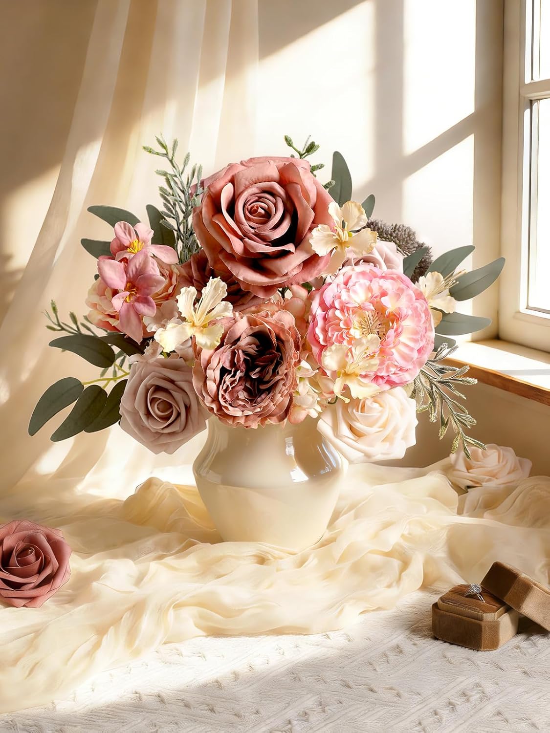 Dusty Rose Artificial Flowers Set - Fake Roses, Peonies, Silk Flowers with Stems for DIY Wedding Bouquets, Floral Arrangement, Table Centerpieces, Baby Shower, Home Decor