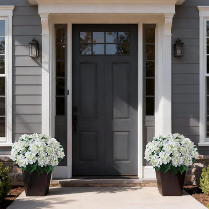 Artificial Hydrangea Flower Topiary Trees - 2 Sets Faux Silk Flower Potted Plant, UV Resistant Fake Outdoor Hydrangea Bush for Front Door, Farmhouse, Garden, Porch Decor (White)