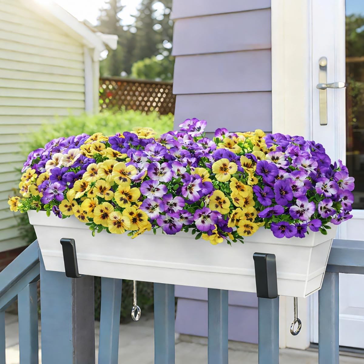 Ivydale 20 Pcs Artificial Fake Pansy Flowers for Outdoors Spring Decor, Faux Silk Pansies UV Resistant Plants for Front Door Porch Yard Patio Window Box Home Decor (Purple Yellow Gradient Purple)