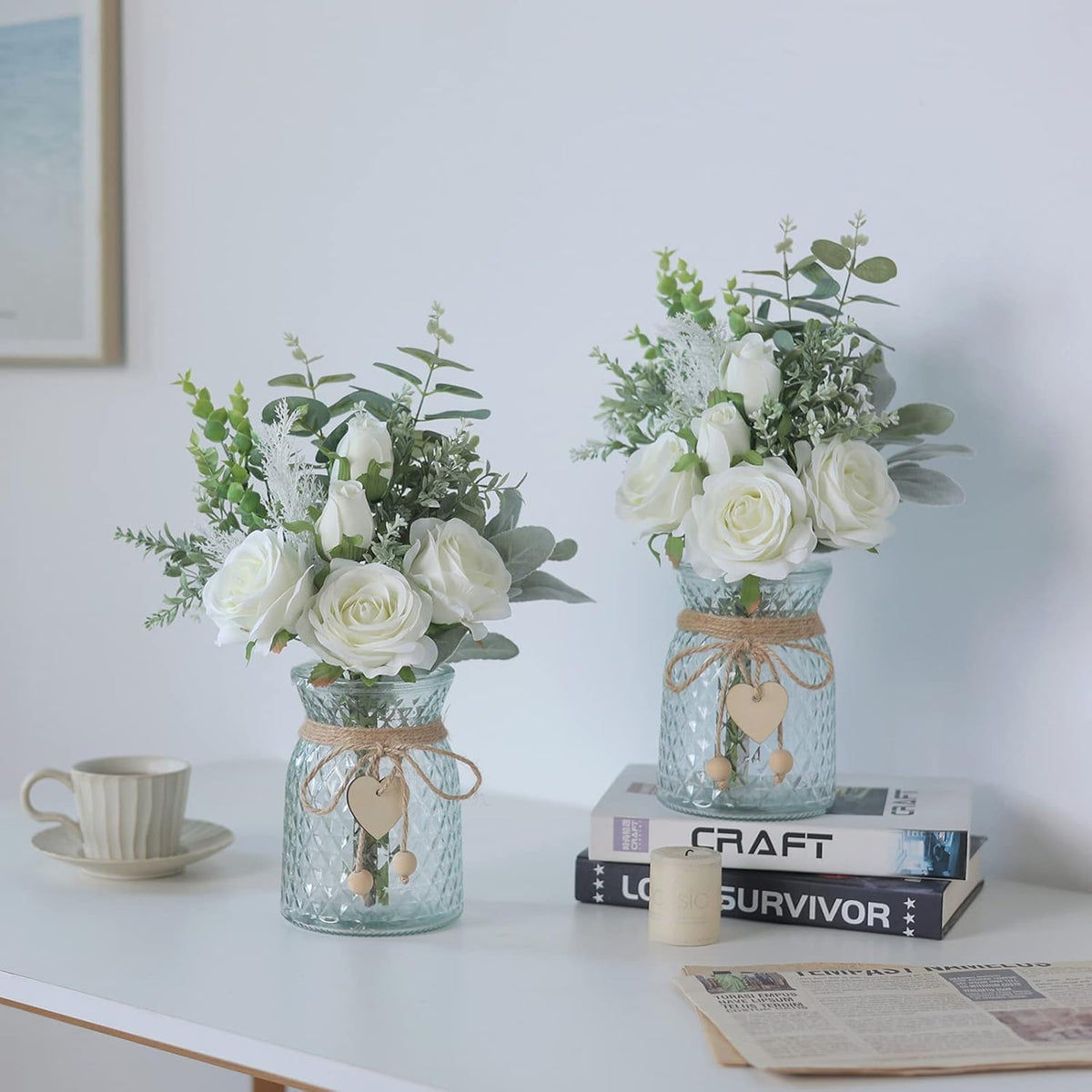 Faux Flowers with Vase, Artificial Silk Roses in Vase, Fake Plant Eucalyptus Flower Arrangement for Home Office Farmhouse Bathroom Dining Table Centerpiece Decorations Coffee Table Decor (White)