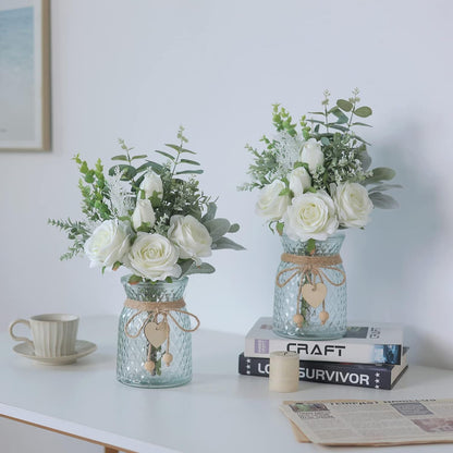 Faux Flowers with Vase, Artificial Silk Roses in Vase, Fake Plant Eucalyptus Flower Arrangement for Home Office Farmhouse Bathroom Dining Table Centerpiece Decorations Coffee Table Decor (White)