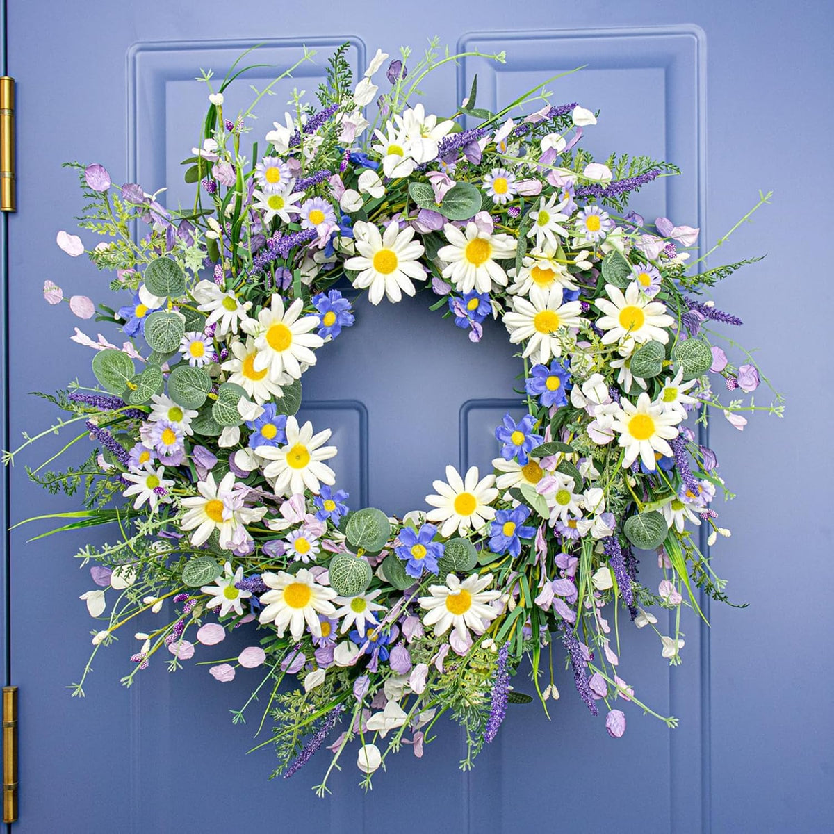 24 Inches Spring Wreaths for Front Door Blue Spring Door Wreath Summer Floral Wreath with Wildflower White Sunflower for Porch Indoors Outdoor Window Home Decorations